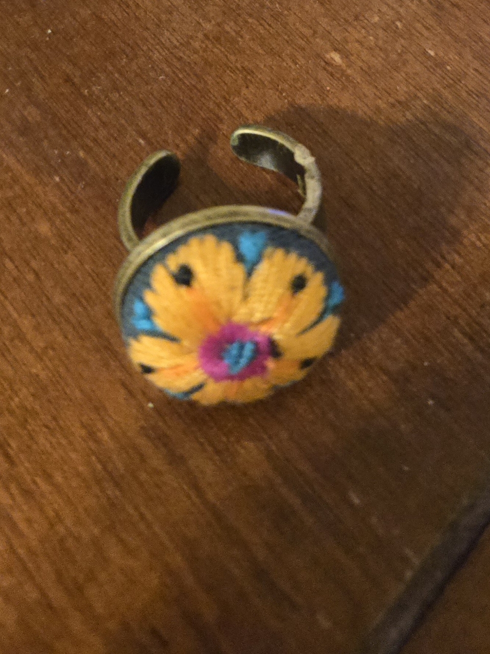 Hand-Embroidered Yellow Floral Adjustable Ring
